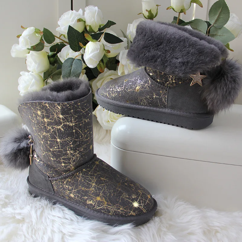 Grey as pic Новинка; модная обувь; Коллекция года; зимние сапоги на натуральном меху; женские сапоги из натуральной овечьей кожи; женские зимние сапоги из натуральной шерсти; теплые женские сапоги - Цвет: Grey as pic