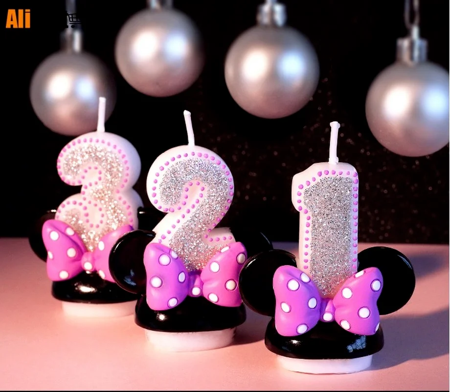 Фигурка на день рождения свеча в виде чисел розовый бант голова мыши для девочек
