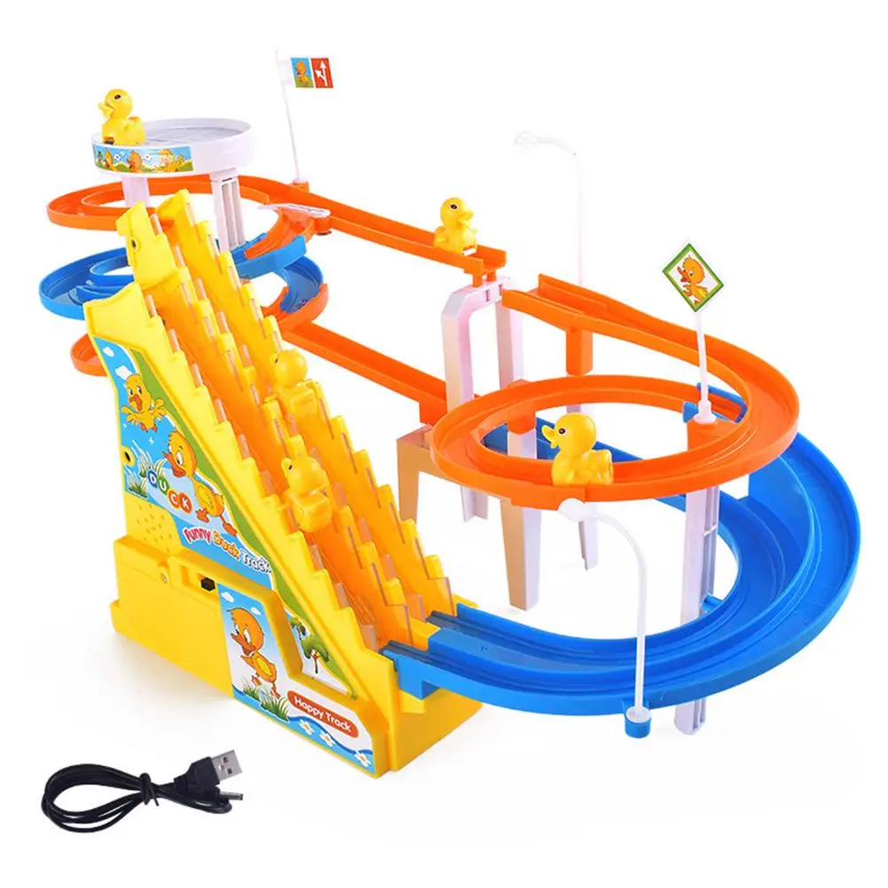 

Electric Duck Climbing Stairs Toy Durable Electric Roller Coaster Toy Duck Race Climbing Track Set With LED Flashing Lights And