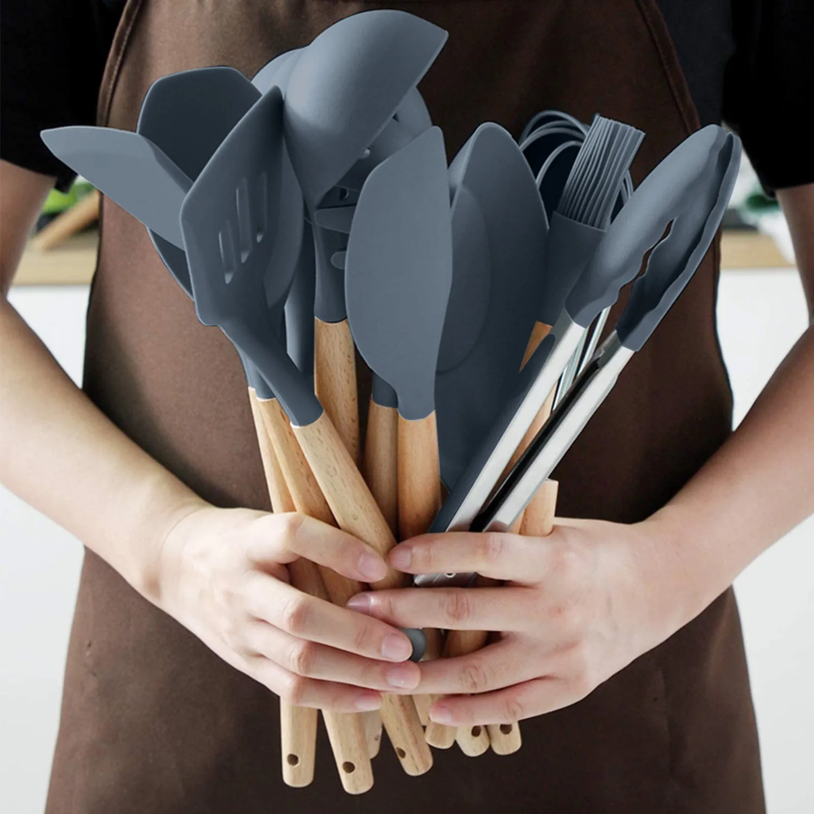 

Silicone Cookware Wooden Handle Set Of kitchenware silicone kitchen cooking shovel spoon baking tool end 13 piece set with 30+
