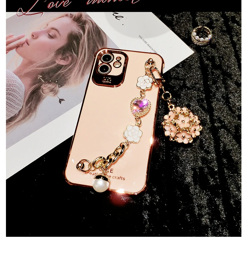 Luxury Plating Glitter Bling Camellia Gem Bracelet Flower Pendant Phone Case For IPhone 12 11 Pro XS MAX XR X 7 8 Plus Cover | Мобильные