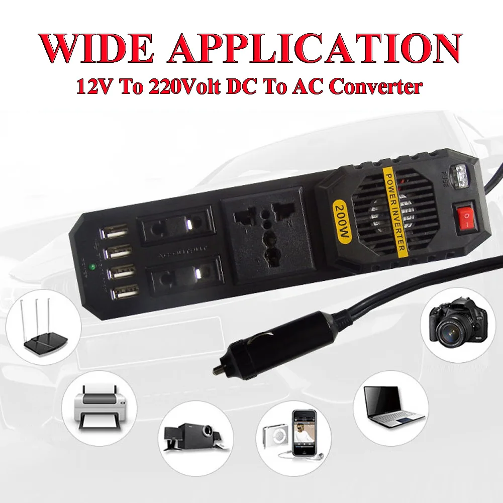 200 W Watts Car Cigarette Inverter 12 V to 220 Volt DC AC Converter 4 USB 3.1A Charger Wave Auto Adapter Voltage Transformer | Автомобили