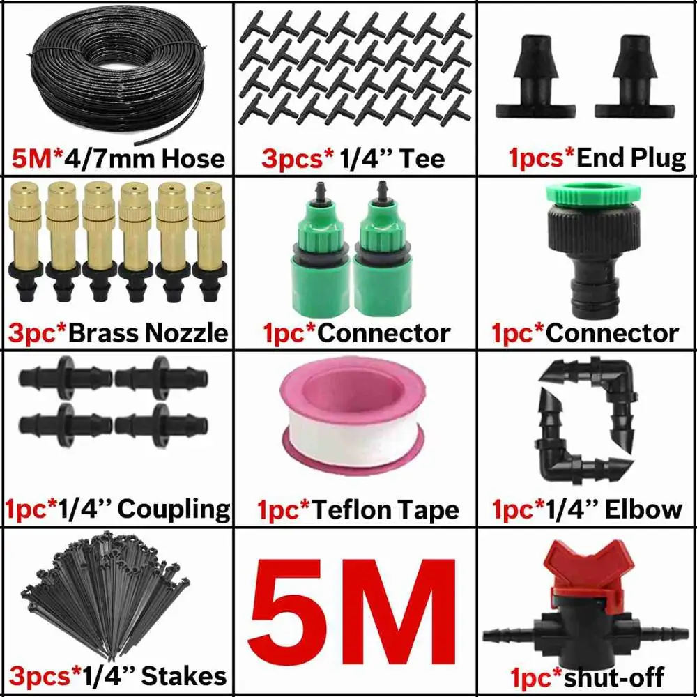 30M Automatic Garden Watering Atomize Spray Misting System Watering Kit Micro Drip Irrigation Adjustable Brass Nozzle Greenhouse - Цвет: KSL01-KIT062-5M