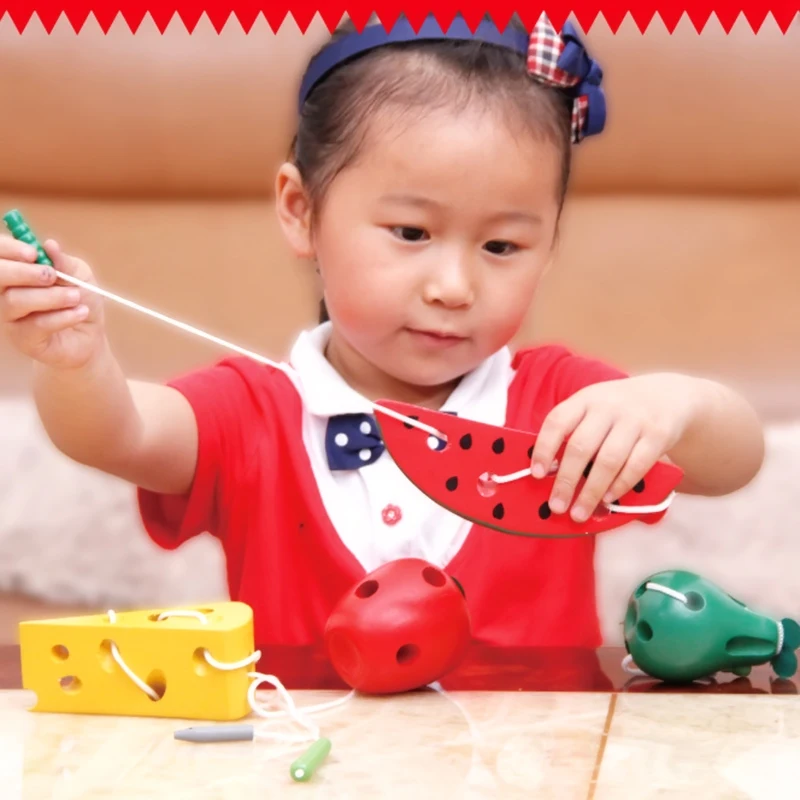 

Детские материалы по методике Монтессори, деревянные игрушки-нитки, шнуровка, сыр, фрукты, обучающие игрушки для детей, детский сад, забавна...