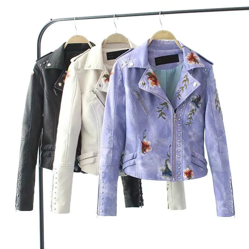 Women Flower Embroidery Punk Jacket Beige Motorcycle Rivet Zipper PU Leather Coat Slim Thin Short Girls Faux Streetwear | Женская одежда