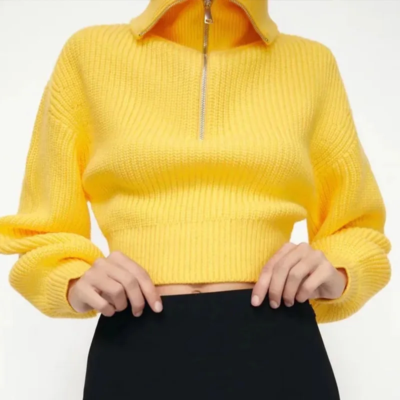 

Женский вязаный пуловер, желтый свитер большого размера на молнии с лацканами и рукавами-воздушными шариками на осень