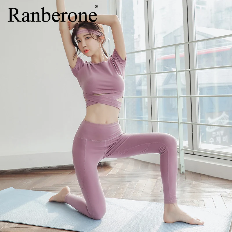 Ranberone 2 To 3 Piece Yoga Set Women Compressed Running Fitness Clothing Gym Cross Crop Top Sport Suit Workout Tracksuit 2021