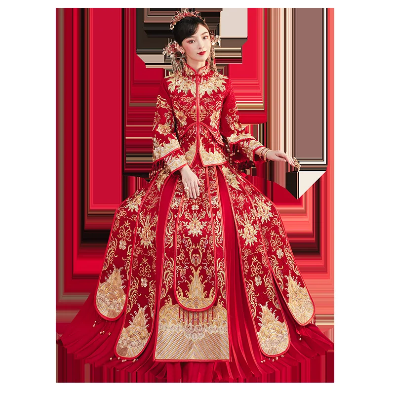

Floral Embroidery Wedding Dress Chinese Style Bride Costume Exquisite Marriage Set Chinese Women Cheongsam Vintage Vestidos