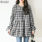 Модная женская клетчатая блузка в клетку, весенние топы с длинным рукавом и оборками ZANZEA, винтажные свободные блузы, женские туники на шнуровке, рубашки S-
