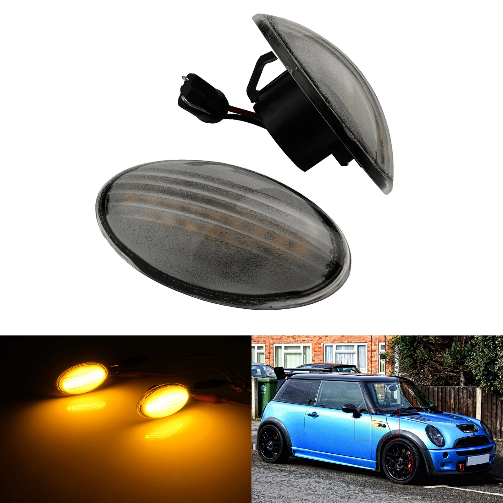 

2x Fits Mini Cooper R50 R52 R53 Amber LED Side Repeater Light Black Smoked Lens
