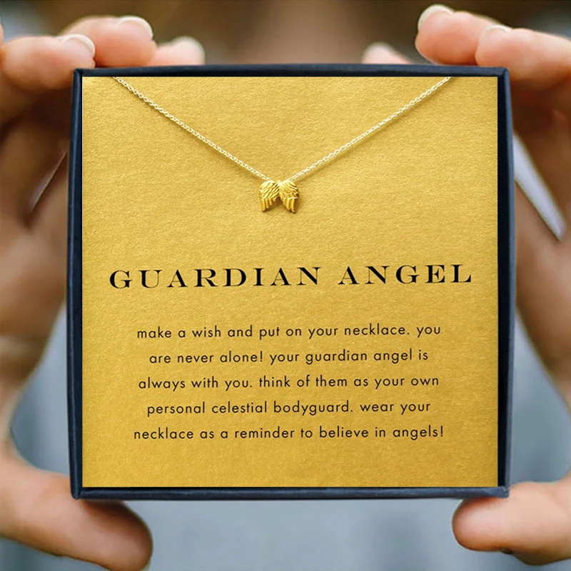 

Icareu Romantic Golden Angel Wings Pendant Necklace Guardian Animal Short Choker Gold Chain Wish Card Jewelry Valentine Gift Box