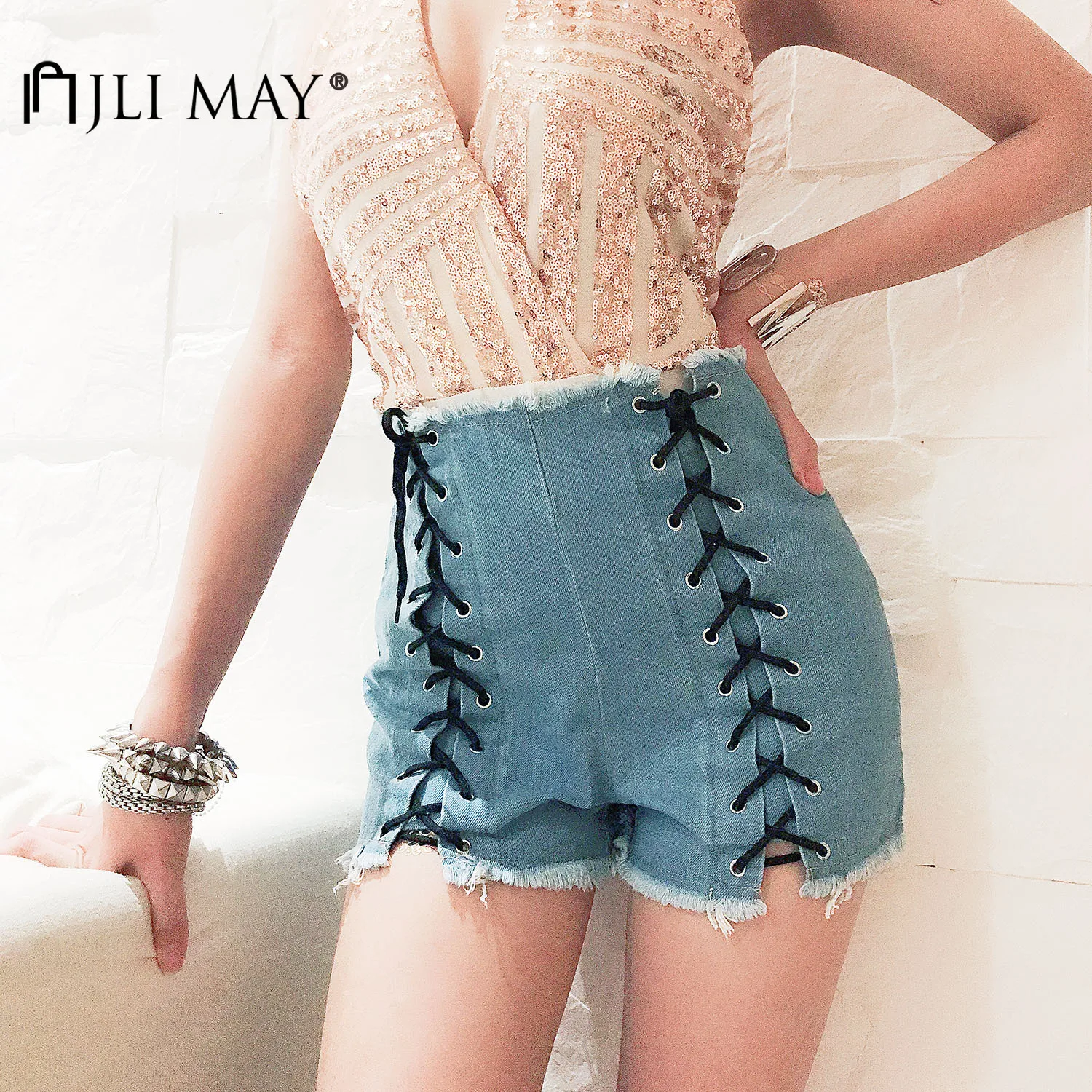 

JLI MAY Women's Jeans Cotton Washed Vintage Bandage Back Zipper Fly Jean Summmer Sexy High Waist Straight Tassel Shorts