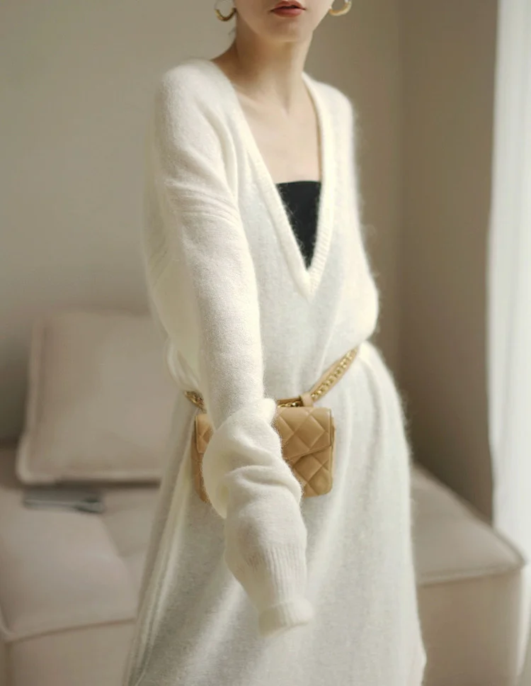 

Mohair Long Sleeve Dress Large V-neck split temperament autumn solid wool dress