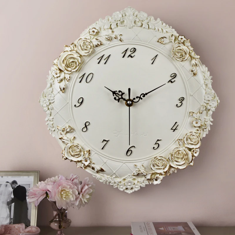 

Restaurant Craft Retro European Style Resin Home Decor Kitchen Wall Clock Hotel Rose Flower Quiet Room Bedroom Office Clock Gift