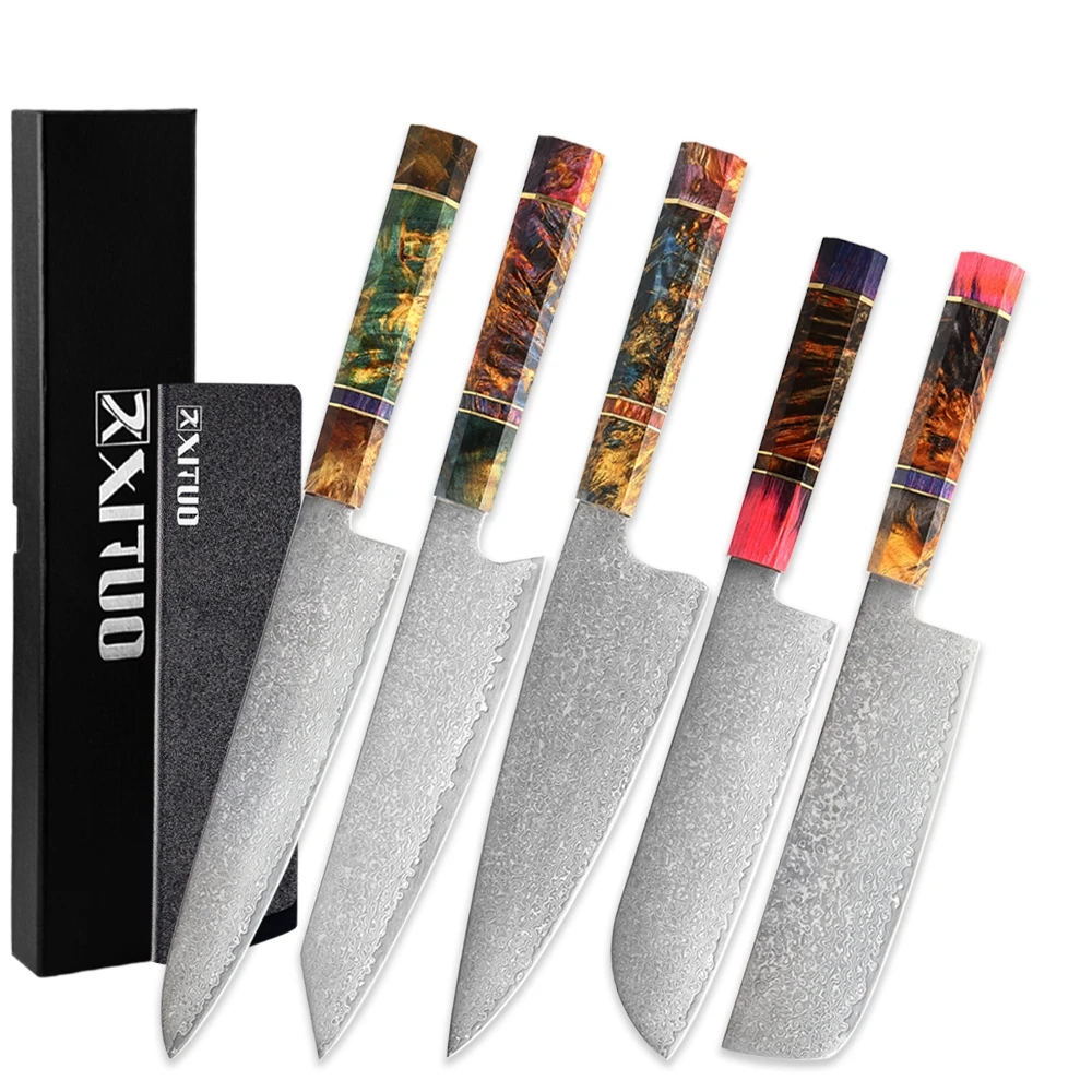 

XITUO Chef Knife Set High Quality Damascus Steel Kitchen Meat Cleaver Slicer Santoku Cutter Knife With Solidified Wood Handle