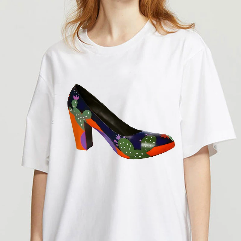 

Women's T-shirt high-heeled shoes fashion graphic T-shirt women Fashion Soft Casual White T shirts Tops