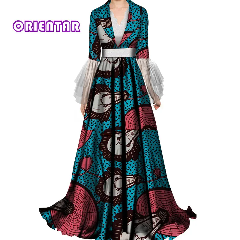 Elegant Lady African Evening Dresses for Women Bazin Riche Lace V-neck African Traditional Wedding Dress African Dress WY5322
