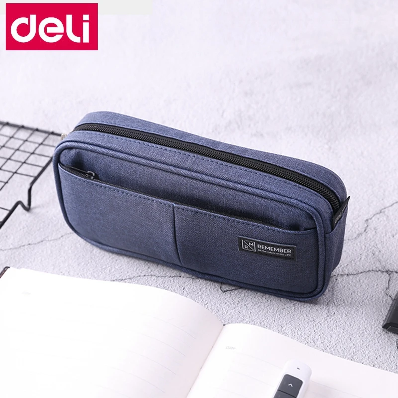 

Deli 66782 High capacity pencil bag for student child school stationery supply 3 pockets w/zippers Imitation flax bag 3 color