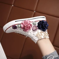 fashion canvas shoes for women small white shoes womens high top handmade 3d flower pearl flat bottomed leisure student shoes
