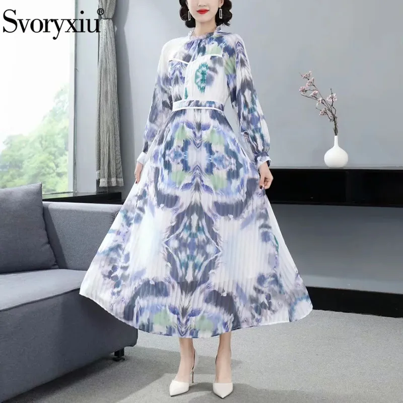 

Svoryxiu Runway Designer Autumn Long Sleeve Long Dress Women's Elegant Stand Collar Tie Dye Flower Print Naxi Dresses