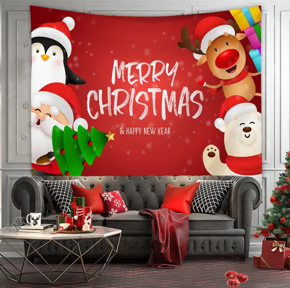 Christmas Tree Print Tapestry Wall Hanging Background Cloth Decor Red Santa Claus Polyester Home Room Decoration | Дом и сад