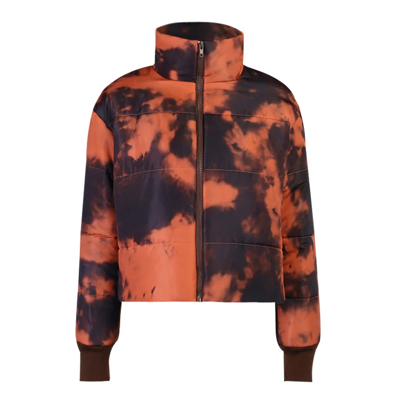 

InsDoit Streetwear Tie Dye Red Coat Gothic Turtleneck Short Coat Harajuku Winter Women Punk Zipper Long Sleeve Thick Overcoat