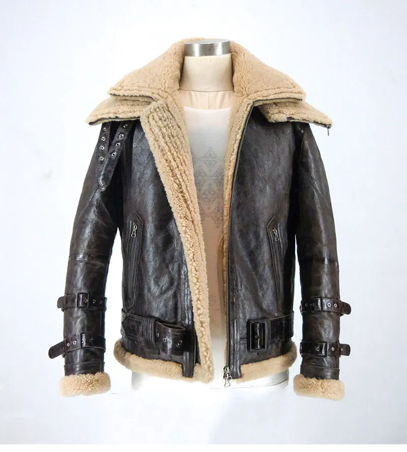 Мужская зимняя байкерская куртка с овчиной и шерстяной подкладкой двойным