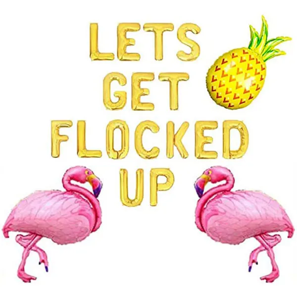 

Let's Get Flocked Up Foil Balloons, 16 inch Gold Letter Mylar Balloons Banner Hawaii Luau Flamingo Pineapple Balloons