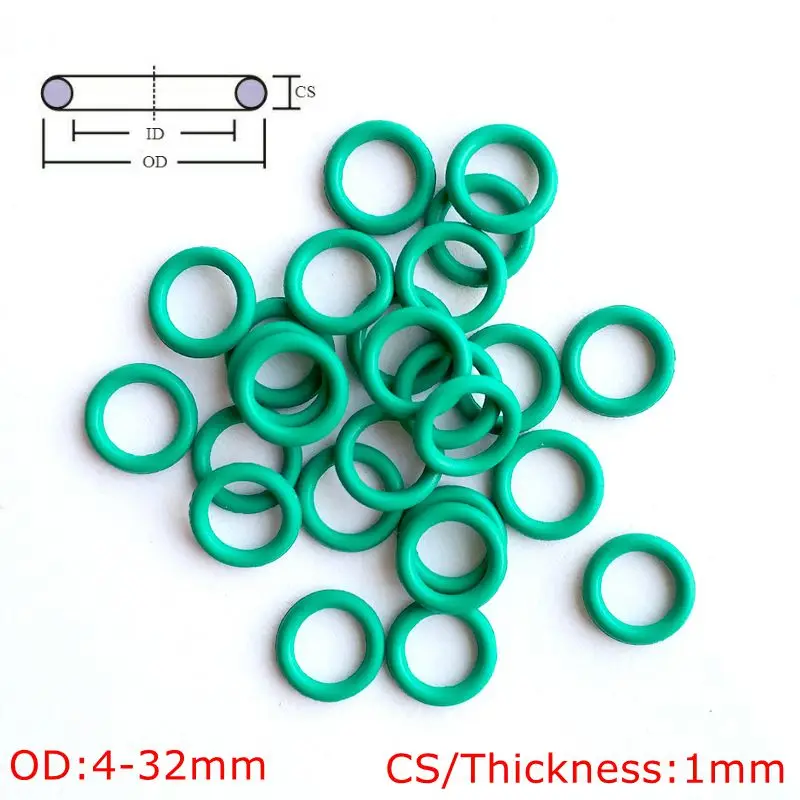 

10 шт., зеленые фторрезиновые уплотнительные кольца FKM, уплотнительное кольцо, уплотнительная прокладка CS 1 мм OD 4-32 мм