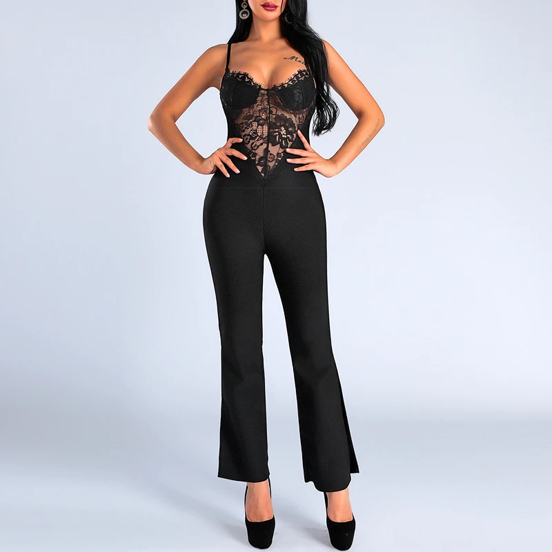 Женский кружевной комбинезон на бретелях с V образным вырезом|Женские