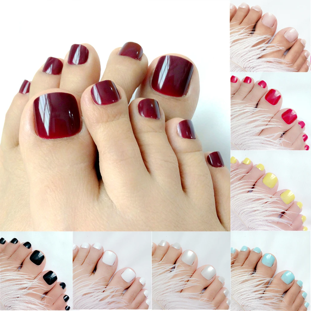 

24Pcs Artificial Press On Fake Toenail For Design Shiny Red False Toe Nails DIY Foot Nail Art Tips Manicure Tools