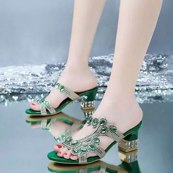 

2021 summer new women's sexy Rhinestone anti slip high heel slippers fashion versatile temperament THICK HEEL SANDALS