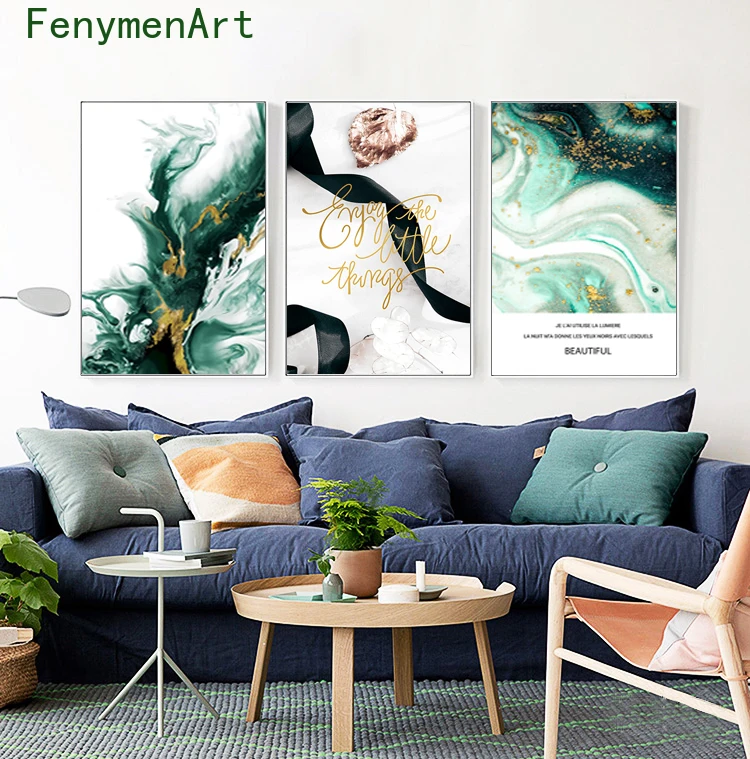 

Gold foil lines Green Canvas Paintings Modern Posters And Prints Abstract Wall Art For Living Room Bedroom Home Decor