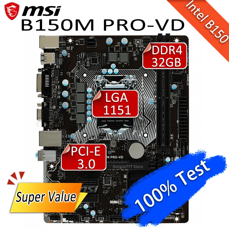 

LGA 1151 MSI B150M PRO-VD Motherboard Core i7/i5/i3 DDR4 32GB PCI-E 3.0 VGA DVI Desktop Intel B150 Placa-mãe 1151 USB3.1 Used