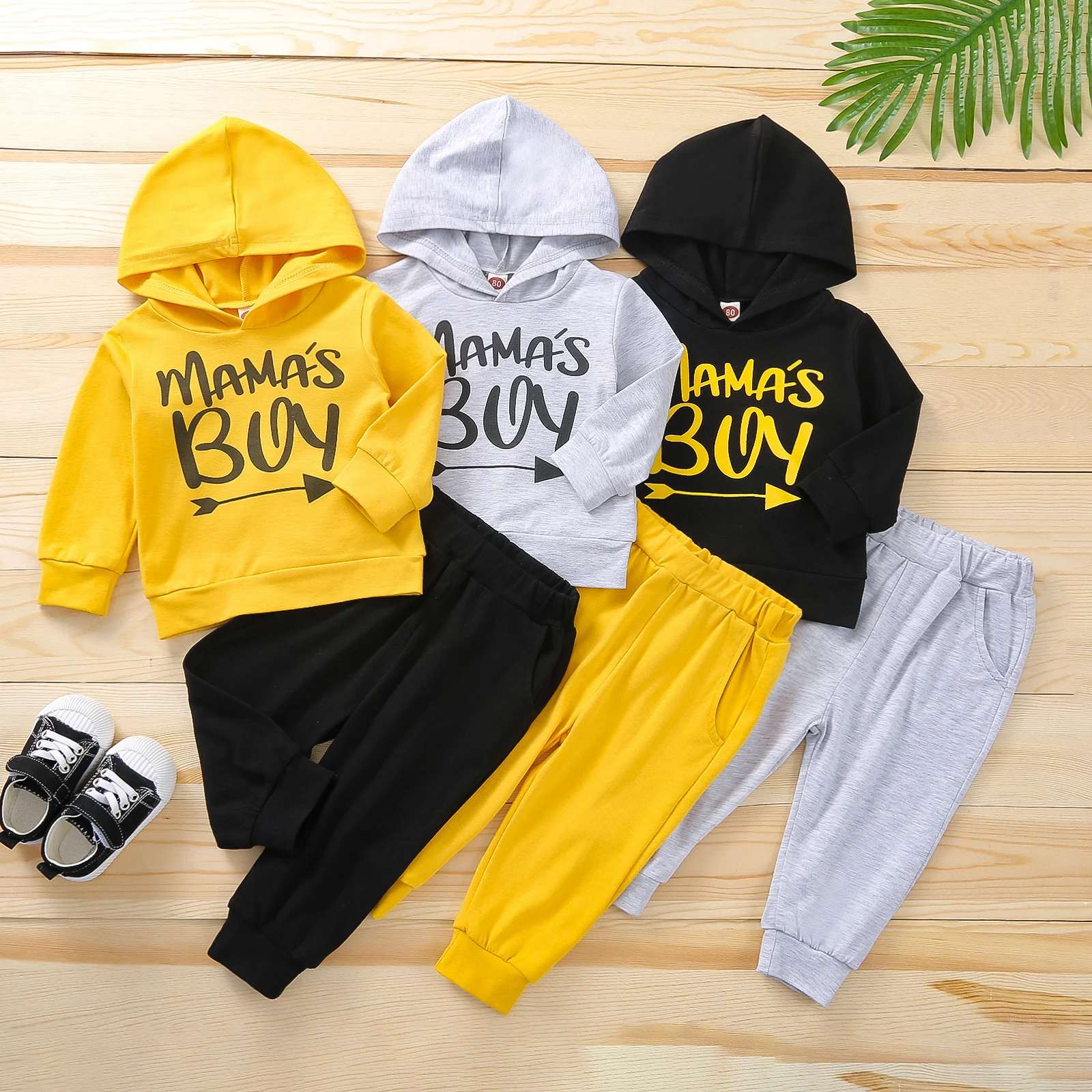 Baby boy hooded suit suitable for 3-24 months baby boy hat letter long sleeve top + trouser pocket long pants baby suit 3 colors