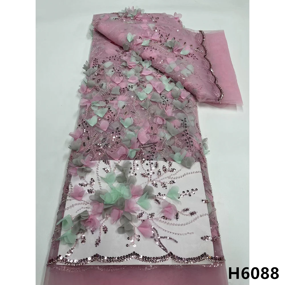 Tela de encaje africano con flores en 3D, tejido de tul nigeriano con cuentas, 5 yardas, para vestido de novia, HX6088, novedad de 2021-1