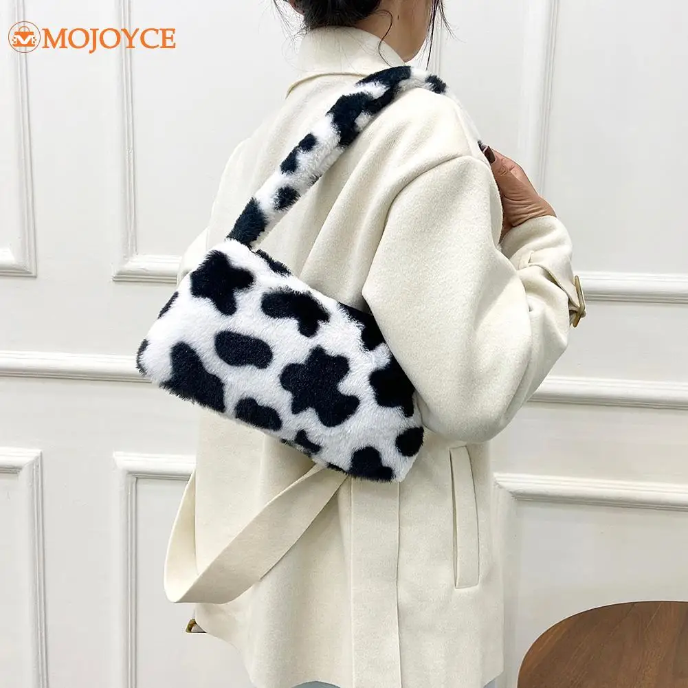 

Cow Pattern Print Plush Shoulder Bags Women Small Hit Color Underarm Bags Autumn Winter Casual Soft Purse Cute Shopping Tote bag