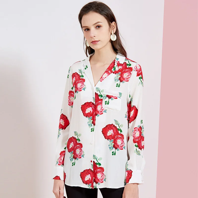 white print rose floral silk office womens shirts and blouses long sleeve 2020 summer casual sexy boho plus size high quality