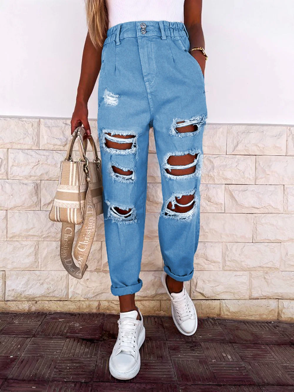 

Autumn And Winter Women's Hole Elastic Waist Straight Jeans Women Hollow Out Ripped Straight Jeans Hip Hop Stretch Jean