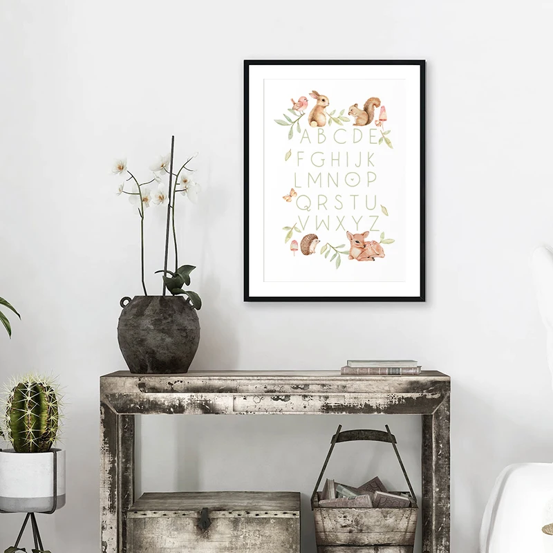 Абв алфавитом учебный плакат леса Животные принт Детская Wall Art Холст Картины Nordic