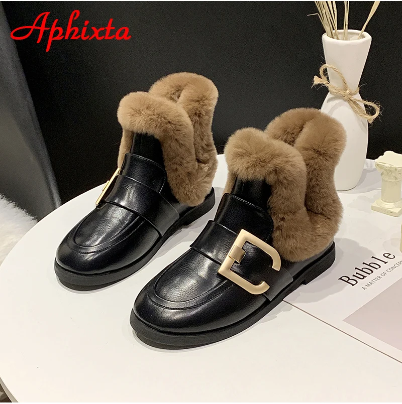 Aphixta; Новинка года; женские ботинки с пряжкой; женская кожаная обувь на меху; теплая плюшевая зимняя новая женская обувь; модные зимние ботинки