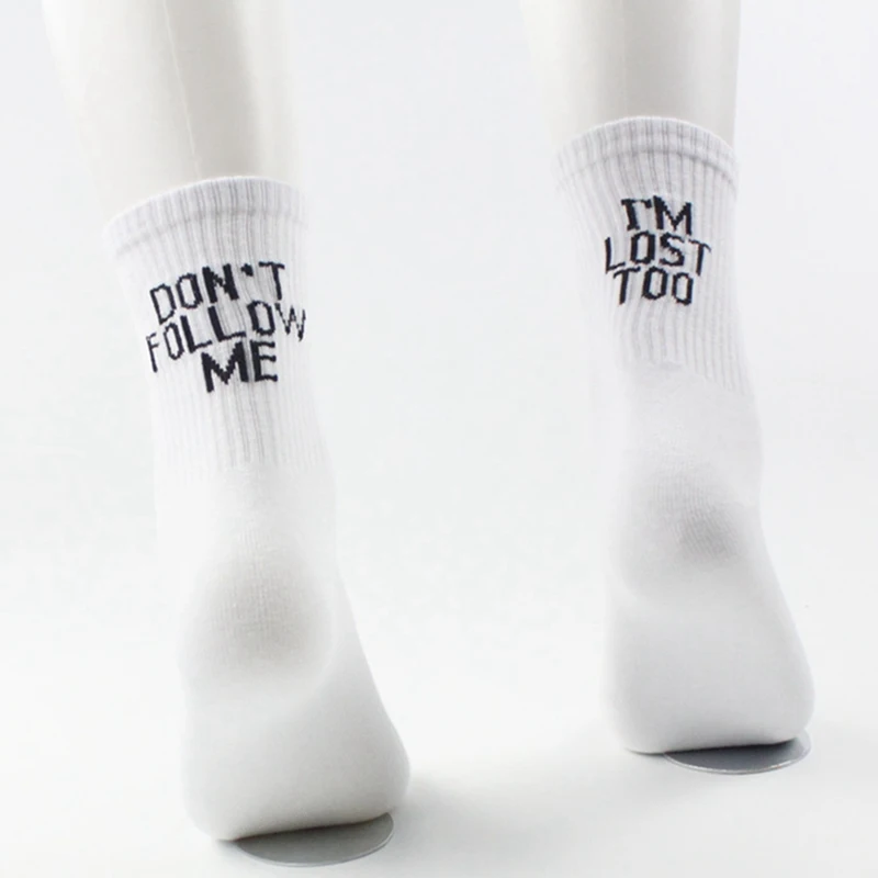 

Skateboard Socks Funny Happy DON`T FOLLOW ME I AM LOST TOO Letter Hip Hop Cotton Casual For Men Women High Street Harajuku Socks