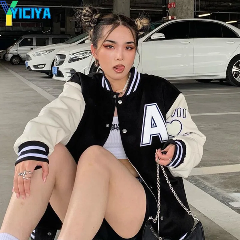 

Vintage Loose Long Sleeve Bomber Jackets Women Black Patchwork Fashion Basaball Jackets Varsity Women Oversized Autumn Winter