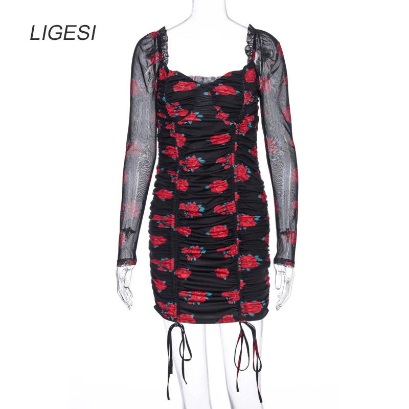 

floral print ladies sexy dress Square collar elegant party wrap dress women Backless long sleeve summer dress female