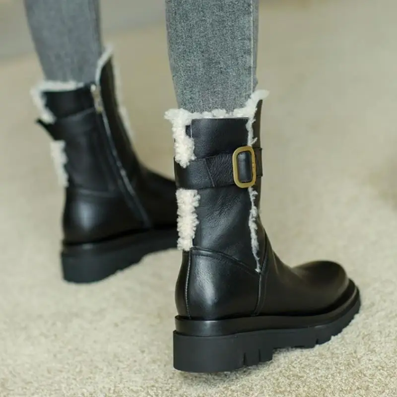 

Rizabina Women Plush Fur Half Short Boots Real Leather Winter Snow Boots Women Warm Shoes Fashion Daily Footwear Size 34-41