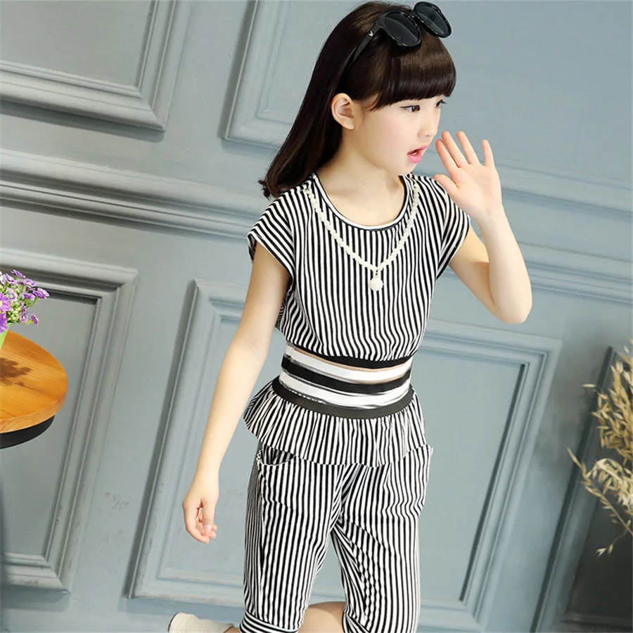Teenage Children Clothing Tracksuit For Girls Sets Summer Girl Stripe Outfit Suit Kids Clothes 8 10 12 14 Year |