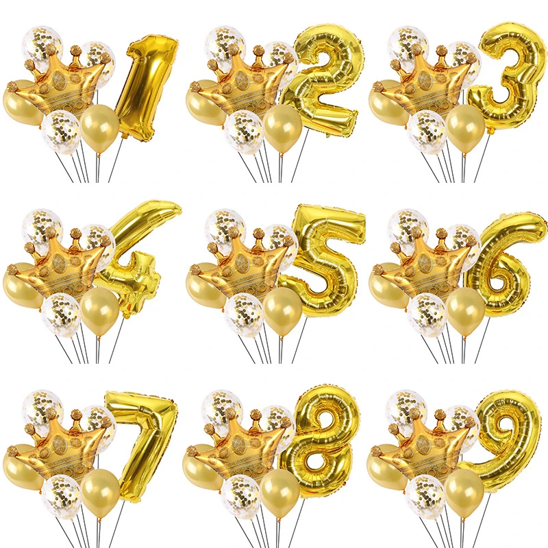 

32inch Number Gold Confetti 1 2 3 4 Anniversary Latex Balloon Foil Crown Ballon Aged 5 6 7 8 Year Birthday Party Decoration