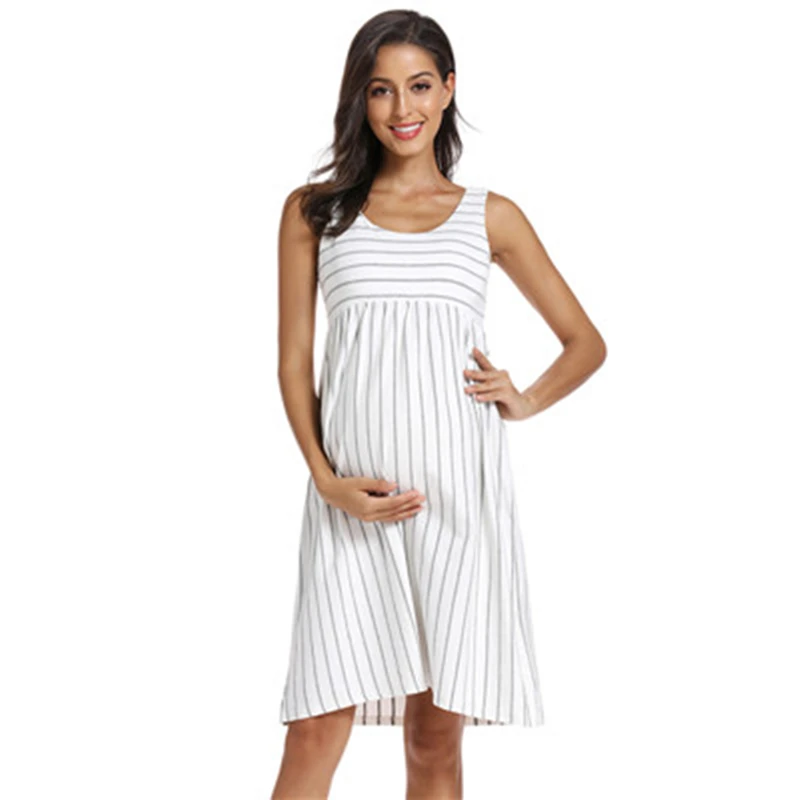 Женские платья для беременных без рукавов с оборками по бокам полосатые