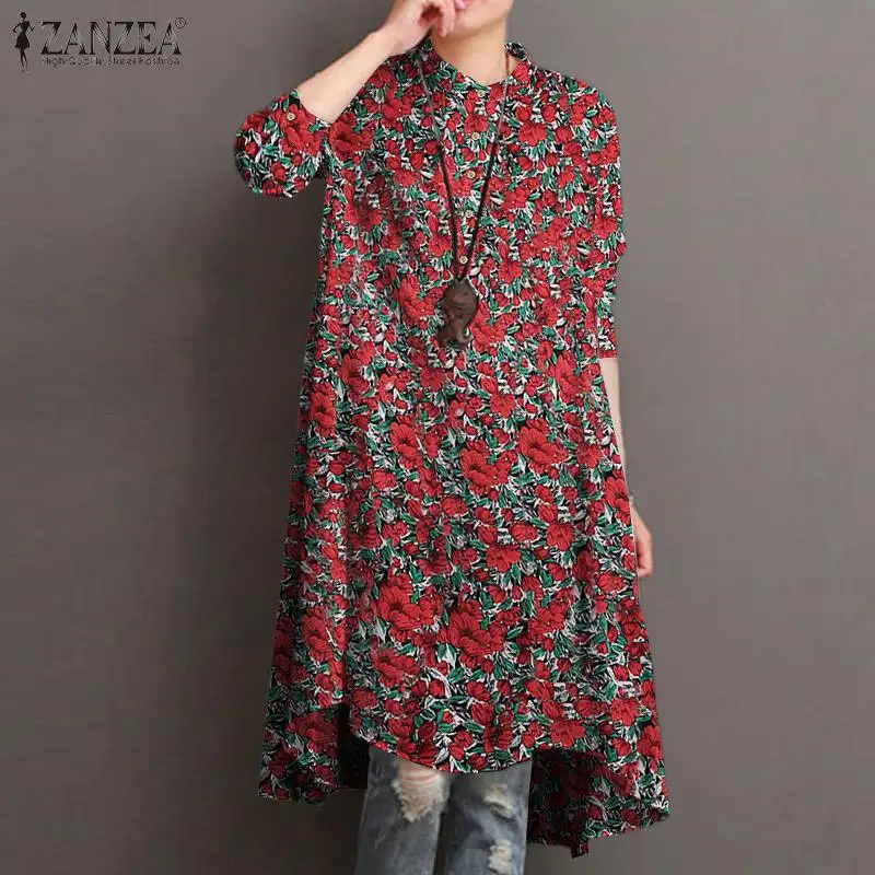 

Asymmetric Tunic Tops Loose Long Sleeve O Neck Blouse Women Casual Bohemian Print Shirt ZANZEA Fashion Button Female Blusas Tops