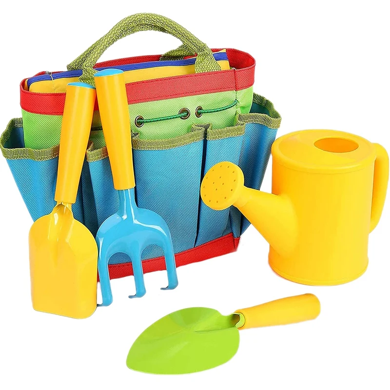 

Детские садовые инструменты, 5 шт., лопата, искусственный набор с лейкой, металлическая лопата, грабли, мастерок, все в одном, садовая сумка